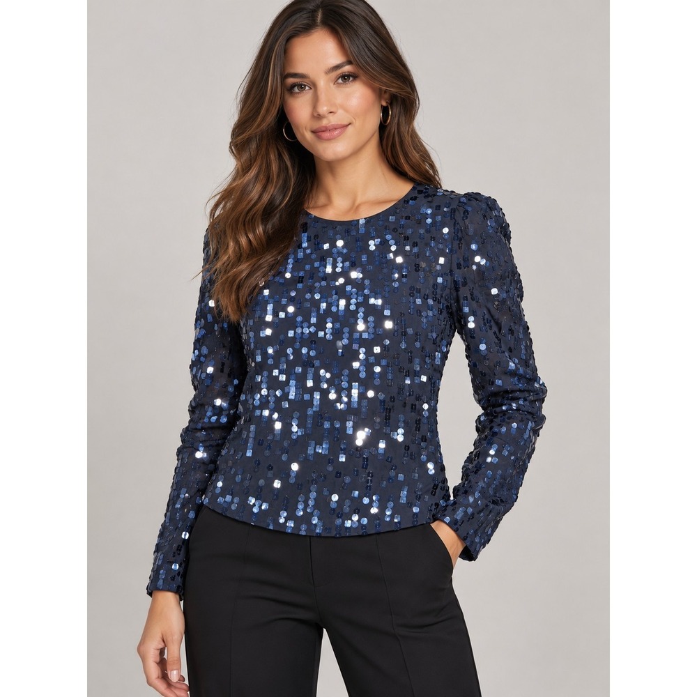 Linda Allard Ellen Tracy 100% Silk Navy Sequin Blouse Size 8 Vintage Blue Top